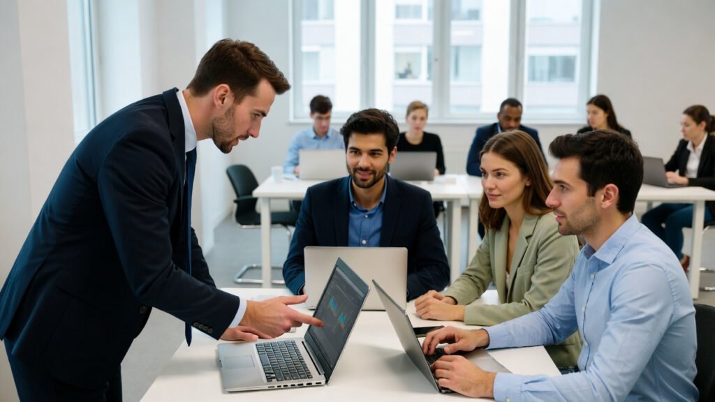 A collaborative office environment where a consultant is teaching employees how to use AI tools on their laptops.