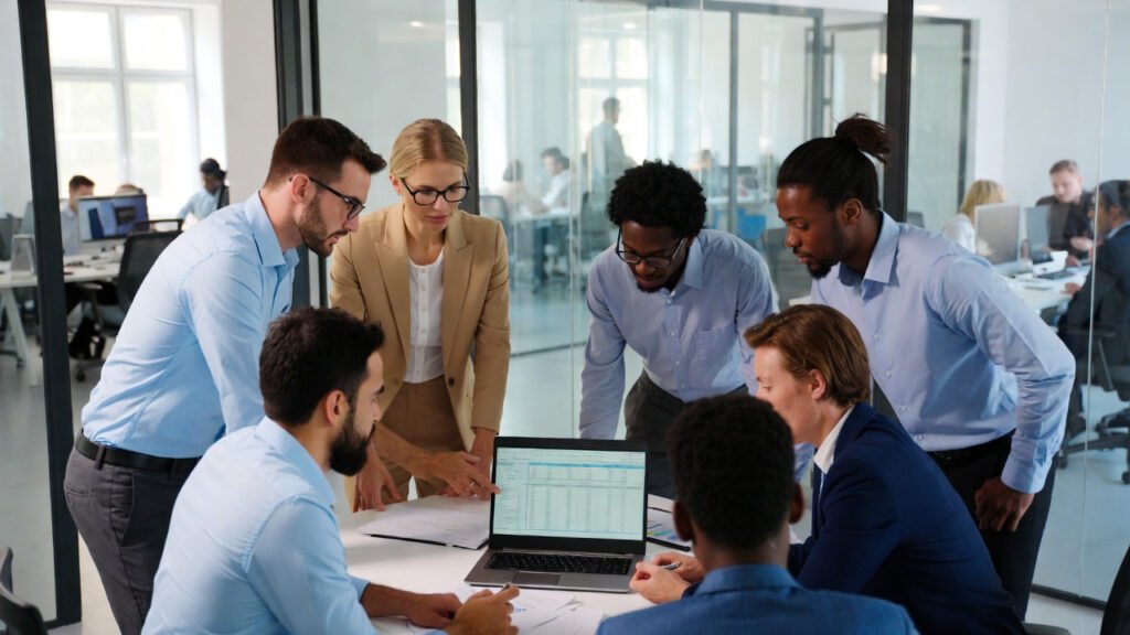 A diverse corporate team in a modern office collaborating around a laptop showing AI-generated data visualizations