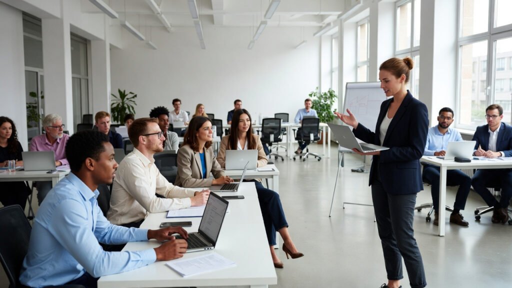 An instructor pointing to a screen showing a complex AI prompt, with employees engaged and taking notes on their laptops
