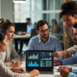A diverse corporate team in a modern office collaborating around a laptop showing AI-generated data visualizations