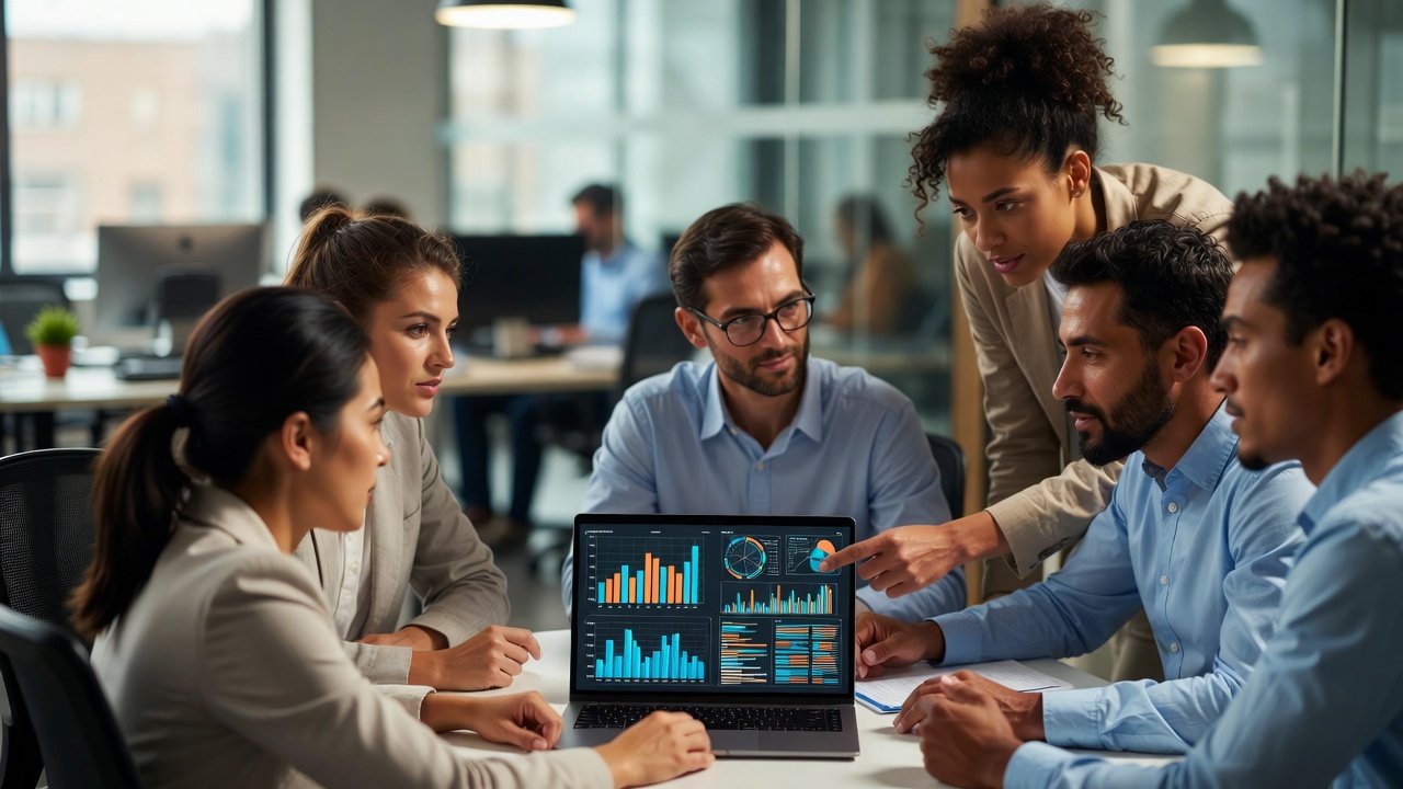 A diverse corporate team in a modern office collaborating around a laptop showing AI-generated data visualizations